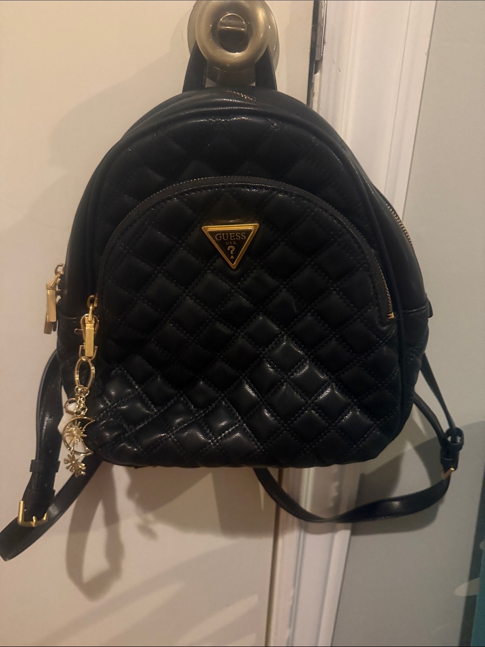 GUESS Black Quilted Mini Backpack with Gold Accents